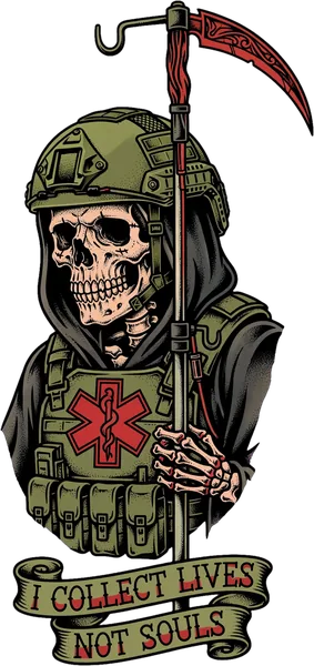 Illustration: Tactical Medic mit Helm und Plattenträger, Schriftzug „I collect lives, not souls“